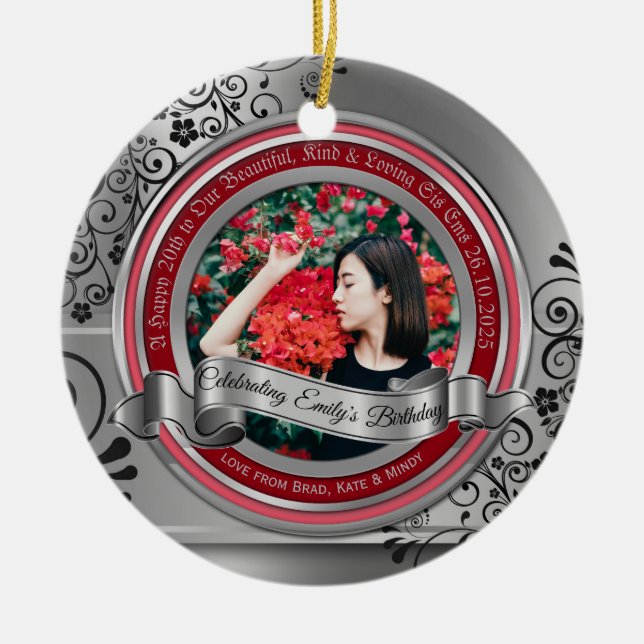 Photo Silver Black Flourish Elegant Banner Red Ceramic Tree Decoration (Front)