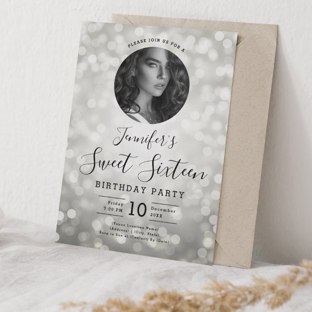 PHOTO Silver Bokeh Lights Sweet 16 Party Invitation (PHOTO Silver Bokeh Lights Sweet 16 Party Invitation)