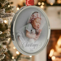 Photo Silver Christmas Script Ornament