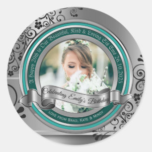 Photo Silver Flourish Elegant Banner Turquoise Classic Round Sticker