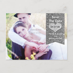 PHOTO Silver GLITTER heart SAVE THE DATE Postcard