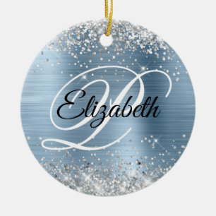 Photo Silver Glitter Light Blue Foil Monogram Ceramic Tree Decoration