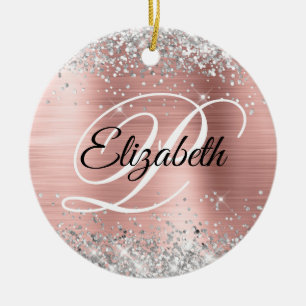 Photo Silver Glitter Rose Gold Foil Fancy Monogram Ceramic Tree Decoration