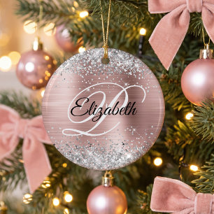 Photo Silver Glitter Rose Gold Foil Fancy Monogram Ceramic Tree Decoration