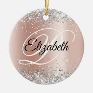 Photo Silver Glitter Rose Gold Shimmer Monogram Ceramic Tree Decoration