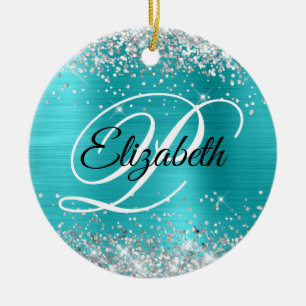 Photo Silver Glitter Turquoise Blue Foil Monogram Ceramic Tree Decoration