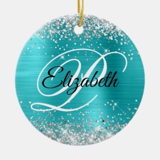 Photo Silver Glitter Turquoise Blue Foil Monogram Ceramic Tree Decoration