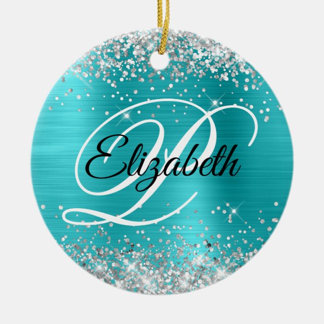 Photo Silver Glitter Turquoise Blue Foil Monogram Ceramic Tree Decoration (Front)