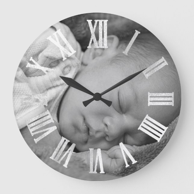 Photo Silver Gray New Baby Shower Gift Girl Boy Large Clock (Front)