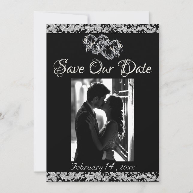 Photo, Silver Hearts & Glitter - Black Save The Date (Front)