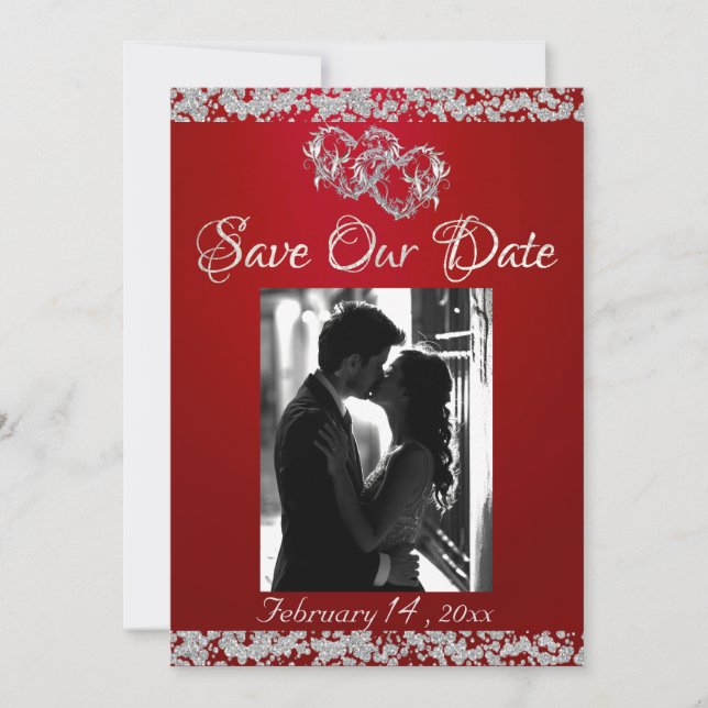 Photo, Silver Hearts & Glitter - Crimson Red Save The Date (Front)