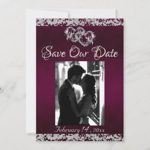 Photo, Silver Hearts & Glitter - Purple Save The Date