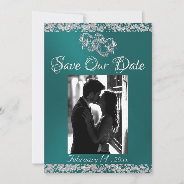 Photo, Silver Hearts & Glitter - Teal Save The Date (Front)