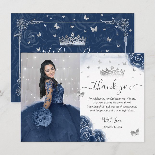 Photo Silver Navy Blue Quinceanera Flat Thank You Card (Front/Back)