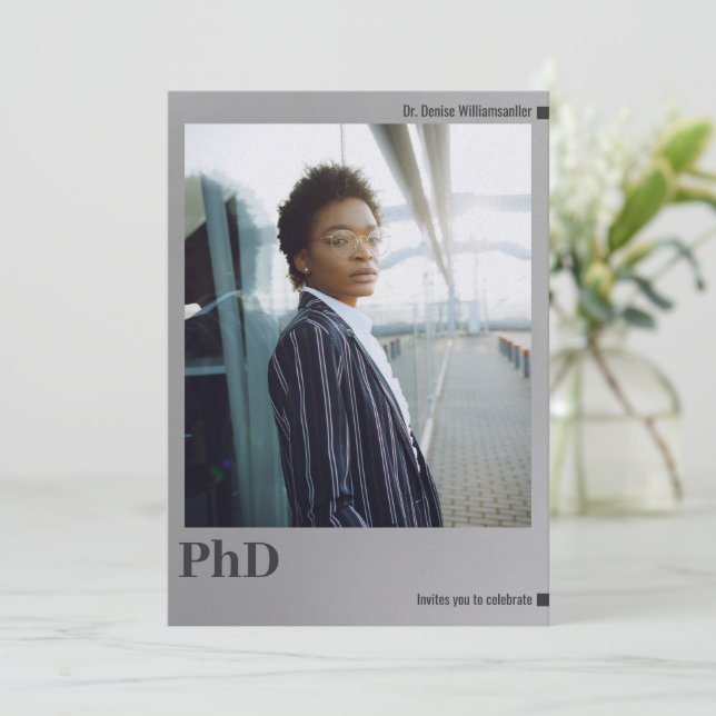 Photo Silver PhD degree Graduation Party Invitation (Standing Front)
