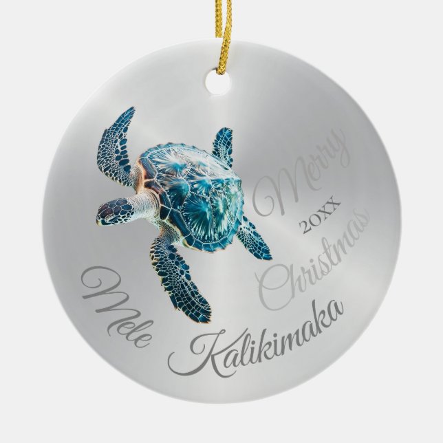 PHOTO Silver Turtle | Mele Kalikimaka | Ceramic Tree Decoration (Front)