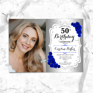 Photo Silver White Royal Blue 50th Birthday Invitation