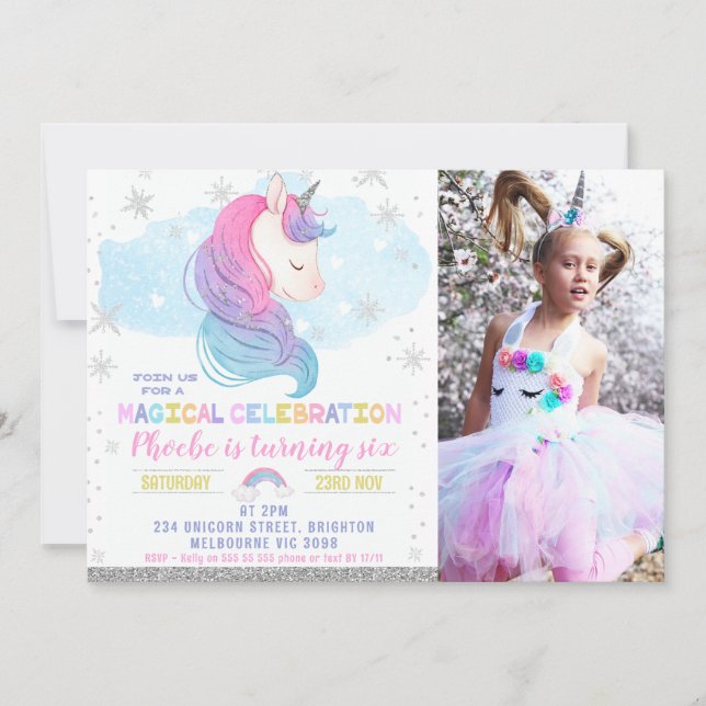 Photo Silver Winter Unicorn Rainbow Birthday Invitation (Front)