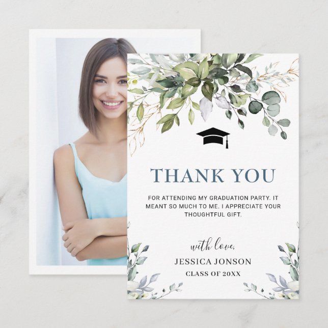 PHOTO Simple Elegant Eucalyptus Foliage Graduation Thank You Card (Front/Back)
