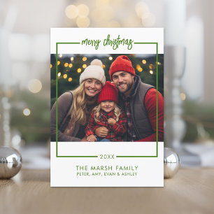 Photo Simple Frame - Minimal Merry Christmas green Holiday Card