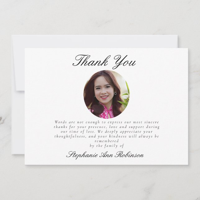 Photo Simple Modern Bereavement Funeral  Thank You Card (Front)