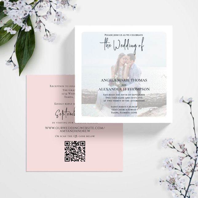 Photo Simple QR Code RSVP Elegant Blush Minimalist Invitation (Elegant photo Blush Pink wedding invitation with a scannable QR code.)