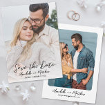Photo Simple Script Minimalist Wedding Save The Date<br><div class="desc">Simple Minimalist Wedding Save the Date Card. This timeless design features photos on both the front and back, each with rounded edges for a soft, elegant touch. The front photo takes up the full space, with a white transparent gradient effect at the bottom that fades seamlessly into the image. This...</div>