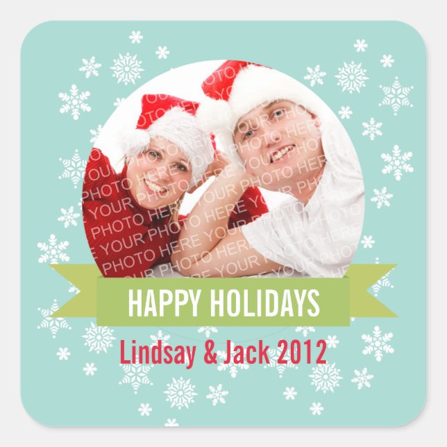 Photo snow globe green banner christmas sticker (Front)