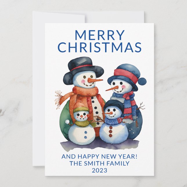 Photo Snowman Family Presents Blue Christmas Invitation (Front)
