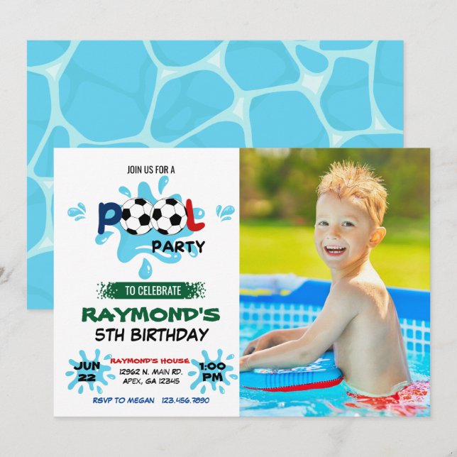 Photo Soccer Pool Party   Invitation (Front/Back)