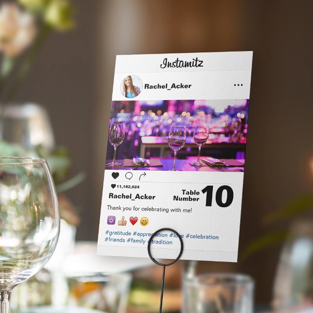 Photo Social Media Bat Mitzvah or Bar Mitzvah Table Number (Social media photo sharing Bat Mitzvah celebration table card.)