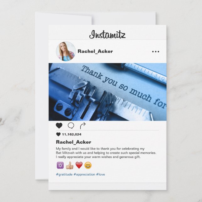 Photo Social Media Bat Mitzvah or Bar Mitzvah Thank You Card (Front)