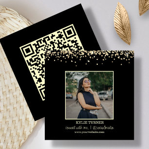 Photo   Social Media   Black Glitter   QR Code Square Business Card