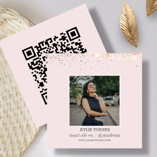 Photo Social Media   Blush Pink Glitter   QR Code Square Business Card