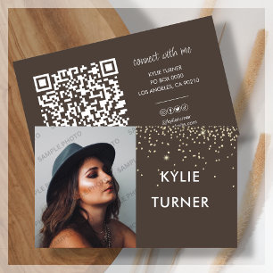 Photo Social Media Brown Gold Glitter   QR Code   Business Card