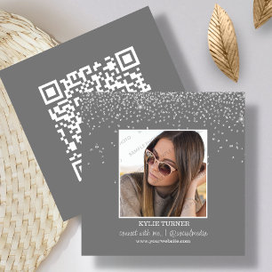 Photo Social Media Grey Glitter QR Code Square Business Card