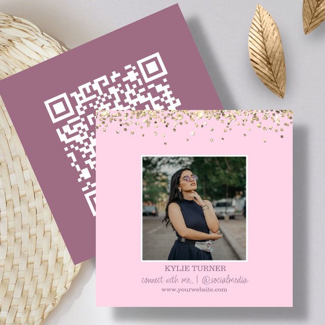Photo | Social Media |  Pink Glitter | QR Code Square Business Card (Creator Uploaded)