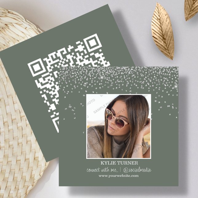 Photo | Social Media | Sage Glitter | QR Code   Square Business Card (Creator Uploaded)