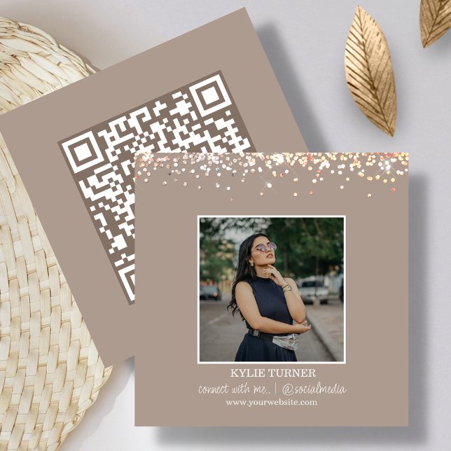 Photo | Social Media | Tan Glitter | QR Code  Square Business Card (Creator Uploaded)