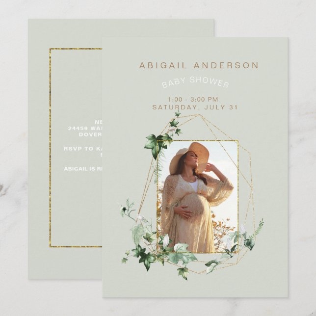 Photo Soft Mint Foliage Baby Shower Invitation (Front/Back)