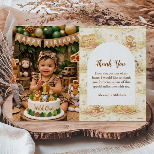 Photo Soft Neutral Jungle Wild One First Birthday Thank You Card (Creator Uploaded)
