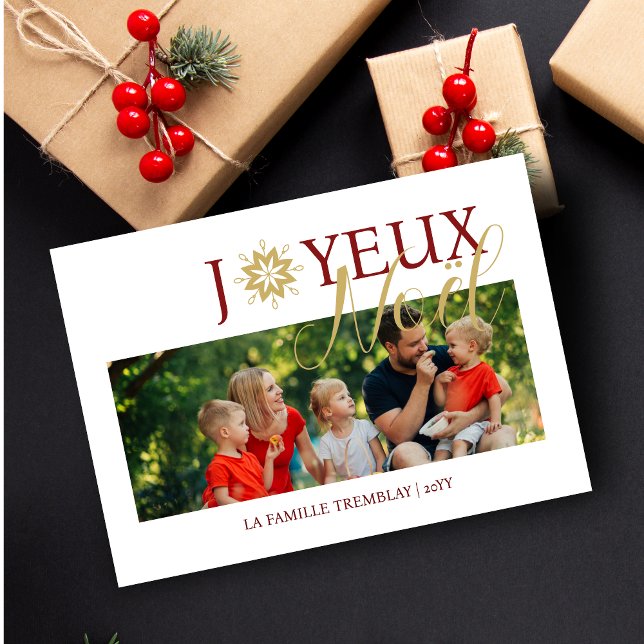 Photo Sophisticated French Exquisite Snowflake  Holiday Card (Sophisticated French Exquisite Snowflake Joyeux Noël Quote Photo Holiday Card with Envelope. )