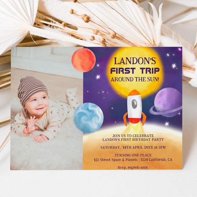 Photo space First trip around the sun 1st birthday Invitation (Creator Uploaded)