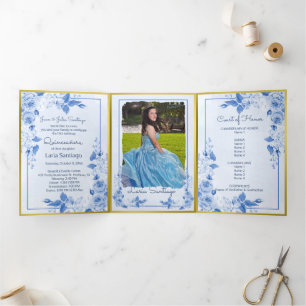 Photo Spanish Light Blue Gold Roses Quinceanera Tri-Fold Invitation