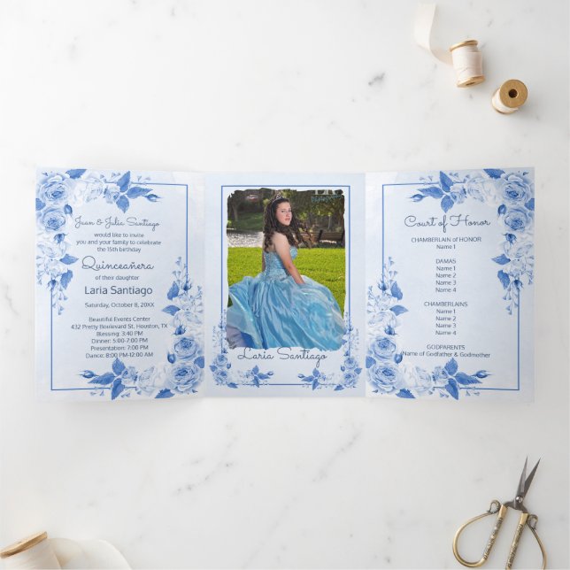 Photo Spanish Light Blue Roses Quinceanera Tri-Fold Invitation (Inside)