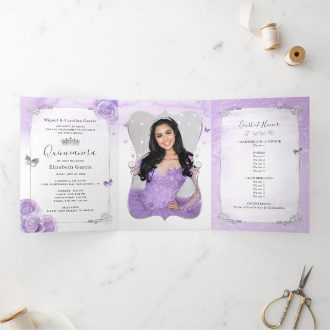 Photo Spanish Light Purple and Silver Quinceanera Tri-Fold Invitation (Inside)