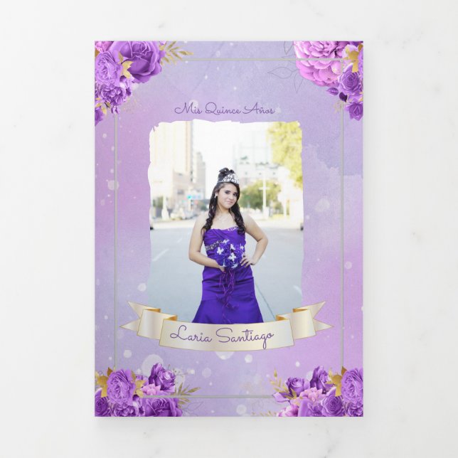 Photo Spanish Pearl and Purple Roses Quinceanera Tri-Fold Invitation (Cover)