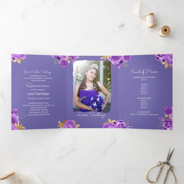 Photo Spanish Pink and Purple Roses Quinceanera  Tri-Fold Invitation (Inside)