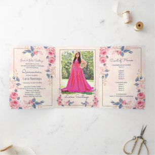 Photo Spanish Pink Blue Roses Quinceanera Tri-Fold Invitation