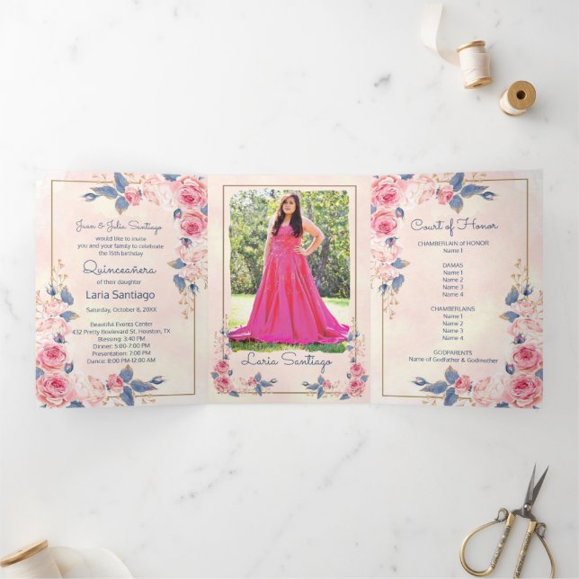 Photo Spanish  Pink Blue Roses Quinceanera  Tri-Fold Invitation (Inside)